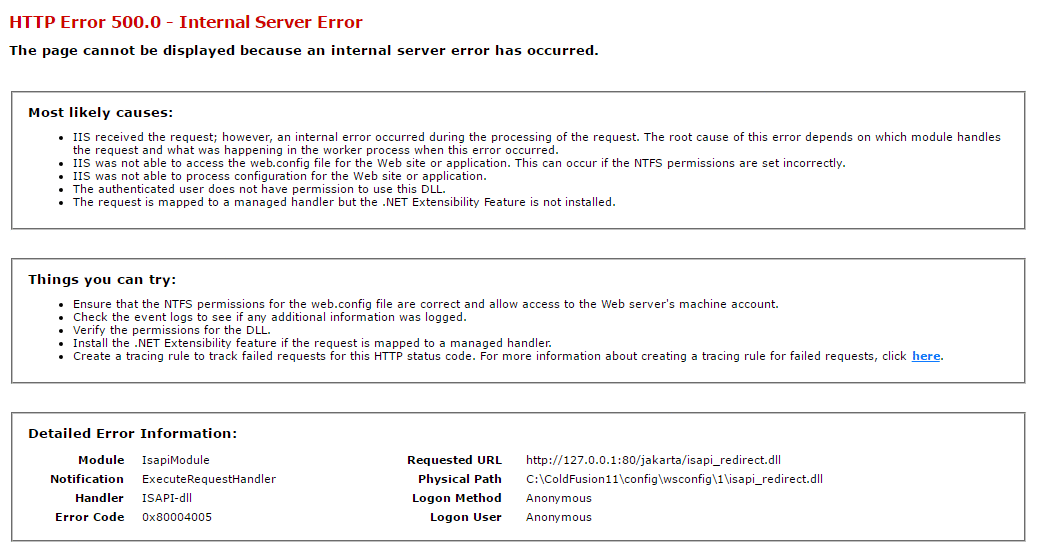 IIS 500 Error - IsapiModule - isapi_redirect.dll